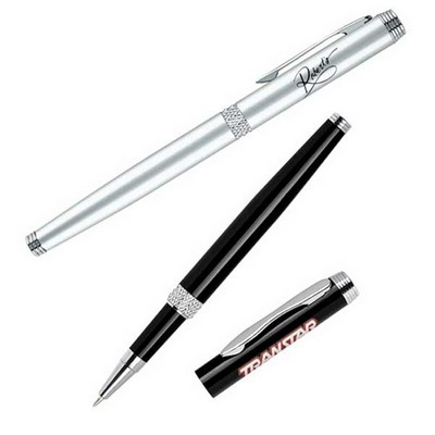 Aluminum Barrel Roll Ball Pen w/ Diamond Cut Middle Ring & Chrome Accent