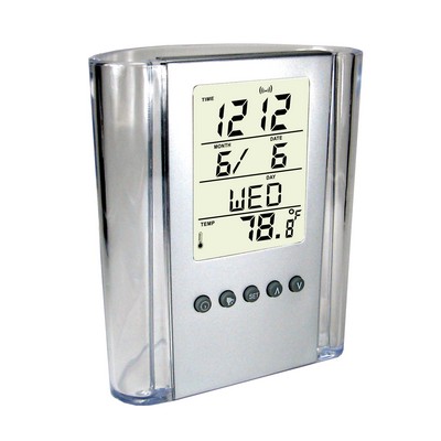 Clear Acrylic Pen Holder w/ Alarm Clock