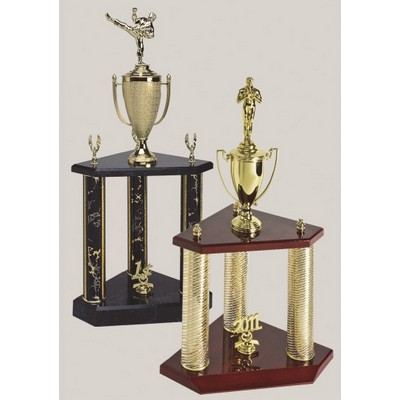 25" Mahogany Finish 3 Metal Column Trophy w/Metal Cup