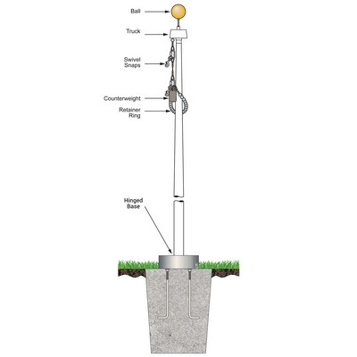 60' White Fiberglass Flagpole Internal Halyard - Hinged Base