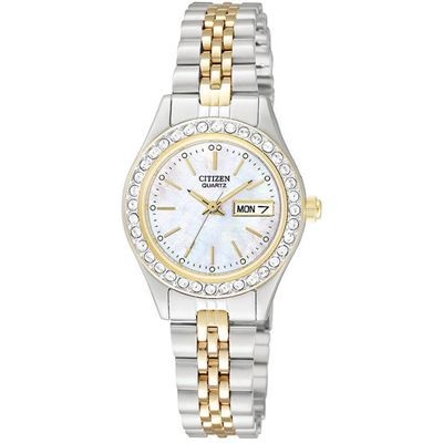 Citizen Ladies' Quartz Two-Tone Watch w/Mother of Pearl Dial & Crystal Bezel