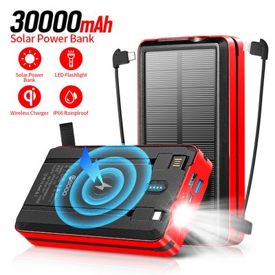 30000mAh Solar Power Bank 4 Outputs Wireless Portable Charger with 3 Modes LED Flashlight