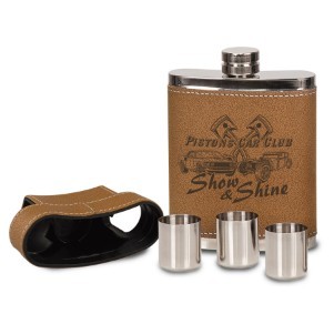 7 Oz. Leather Flask w/Lid & 3 Shot Glasses