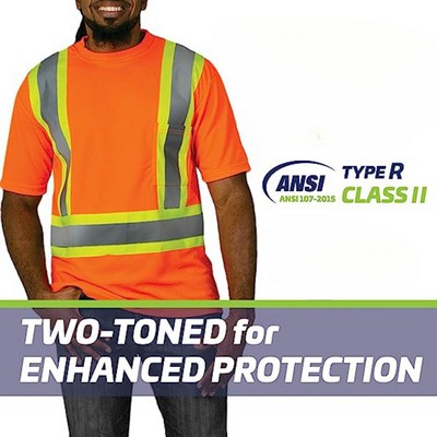 Hi Vis 3.8 Oz. Polyester Class 2 Two Tone Reflective Tape Crossback Safety Tee Shirt With Pocket