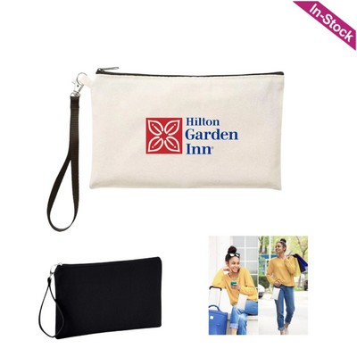 Canvas Cosmetic Bag Pencil Pouch with Wristband Lanyard