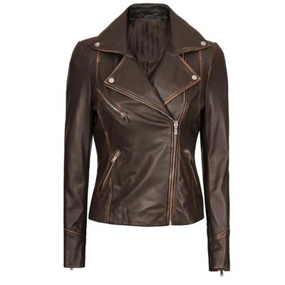 Women's Brown Vintage Leather Biker Jacket