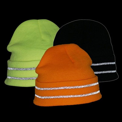 Reflective Beanie Knitted Cap w/ Reflective Stripe