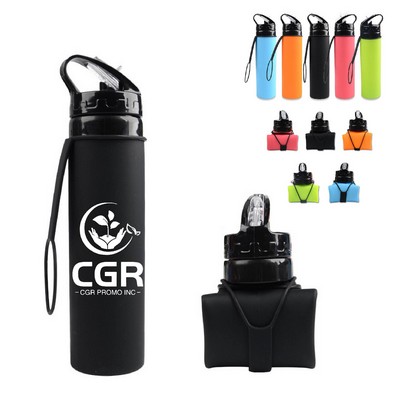 20 oz Foldable Silicone Travel Water Bottle With Straw Strap For Cycling And Hiking