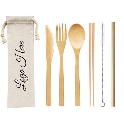 Premium 7-Piece Bamboo Utensils Set in Travel Pouch