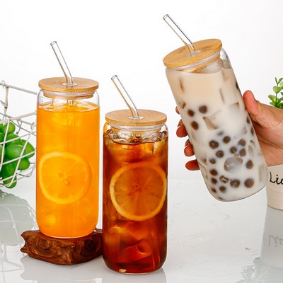 20 oz Drinking Glass Cup with Bamboo Lid and Glass Straw