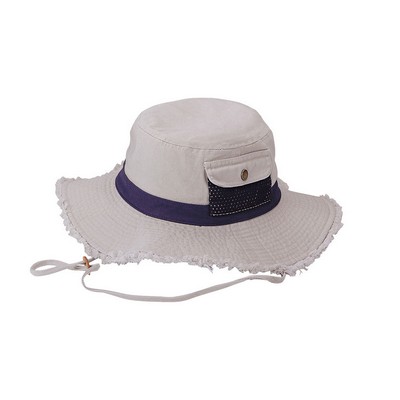 Cotton Twill Washed Bucket Hat w/ Frayed Brim & Self Fabric Chin Cord