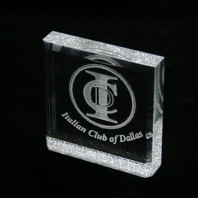 Beveled Square Paperweight w/Glitter Accents (3"x3")