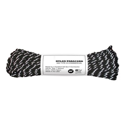 100' Black w/3 Reflective Tracers 550 Lb. Type III Commercial Paracord