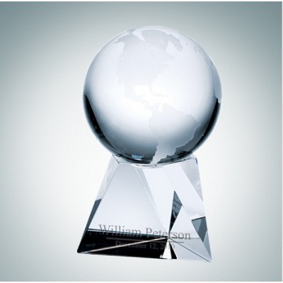 6 1/2" World Globe Optical Crystal Award w/ Triangle Base