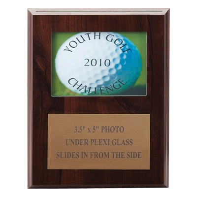 Walnut Finish Plaque w/3 ½" x 5" Photo Window & Brass Engraving Plate (7"x 9")