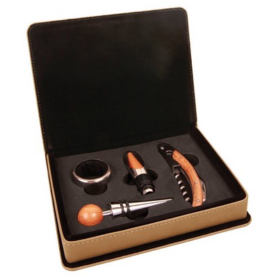 Light Brown Leatherette 4-Piece Wine Tool Set