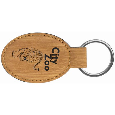 3" x 1 3/4" Bamboo Laser Engraved Leatherette Oval Keychain