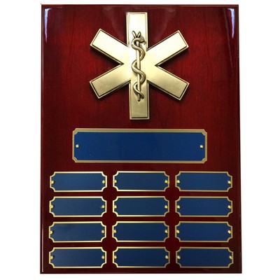 EMT Star of Life Piano Cherry Finish Board Plaque (9" x 12")