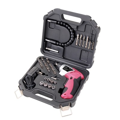 Pink Apollo Tools 3.6V Lithium-Ion Rechargeable Screwdriver w/ 45 Piece Accessory Set