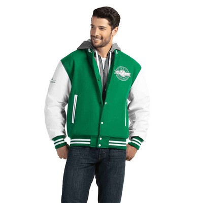 Melton Men's Leather Varsity Jacket w/Fleece Fooler & Hood