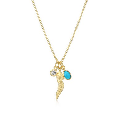 Poetic Collection Diamondlite CZ, Turquoise Magnesite and Feather Rolo Charm Necklace - Gold