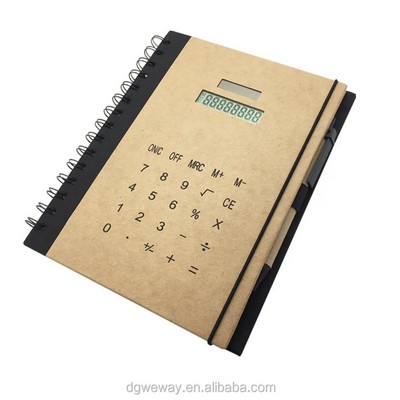 multi function Kraft paper spiral notebook with solar calculator and pen