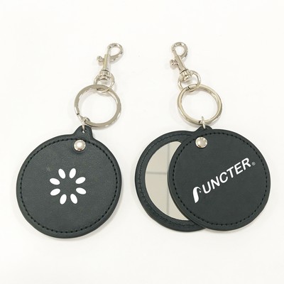 2.5 Inches Diameter Round Shape Black Mini Keychain Compact Mirror of PU fabric