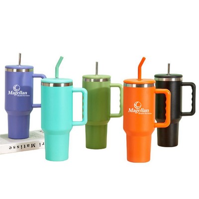 40 Oz Stainless Steel Travel Mug With Handle & Straw