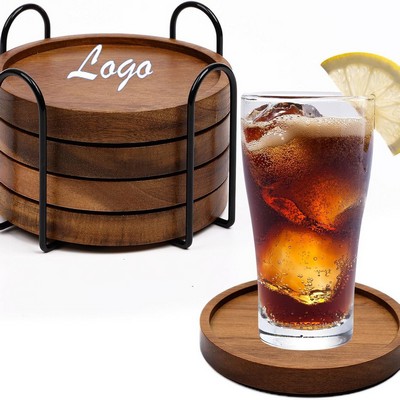 Acacia Wood 4-Piece Coaster Set In Metal Stand-Round