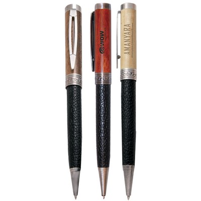 Induro™ Ballpoint Pen w/Black Leather Barrel & Wood Cap