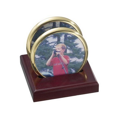 2 Round Brass Photosmart Coasters w/Flat Solid Cherry Wood Stand