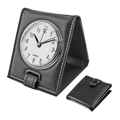 Faux Leather Folding Travel Alarm Clock (Black)