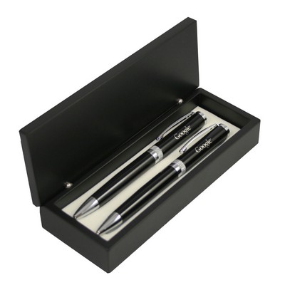 Glossy Black Ballpoint and Roller Ball Pen with Diamond Cut Ring Pen Set