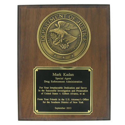 Genuine Walnut Department of Justice Plaque (8" x 10")