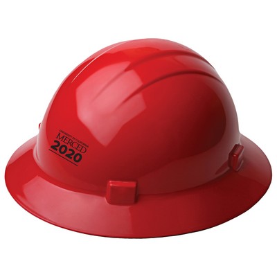 Red hard hat with four point ratchet suspension