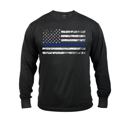 Black Long Sleeve Thin Blue Line Flag T-Shirt (2XL)