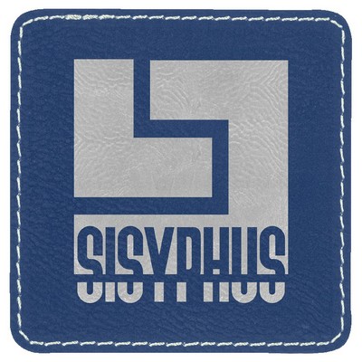 Square Engraved Patch with Adhesive, Blue Faux Leather, 3" x 3"