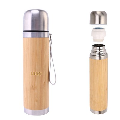 500ml Bamboo Stainless Steel Cups Mug Straw Lid