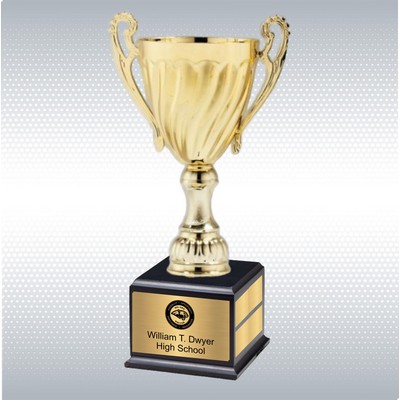 20.25" Gold Metal Cup w/Plastic Stem and Matte Black Base Perpetual Trophy