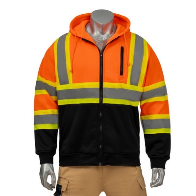 Hi Vis Class 3 Two Tone Reflective Tape Safety Zipper Hoodie with Kangaroo Pocket