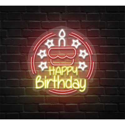 Happy Birthday Cake In Circle Neon Sign