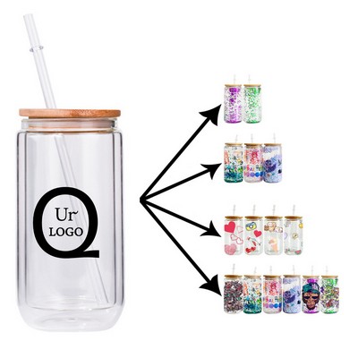 12 Oz Double-Wall Drinking Glass Jar W/ Lid And Straw