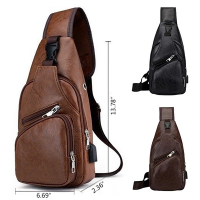 Leather Sling Bag with Charging Port Crossbody Backpack