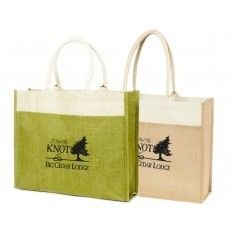 Two-Tone Jute Shopping Bag with Front Pocket & Cotton Webbed Handles