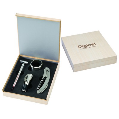 Wine Accessories 4 Piece Gift Set in a Birch Finish Wooden Box