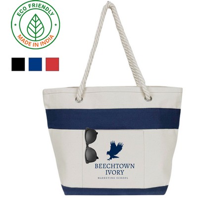 Nautical Rope Tote Bag Eco Friendly Canvas Navy Blue Trim