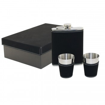 Suave™ Leatherette Captive-Top Flask Set w/2 Jigger Cups