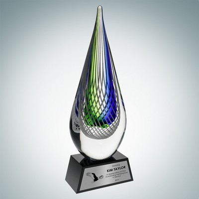 Art Glass Ocean Green Narrow Teardrop Award w/ Black Base and Silver Plate