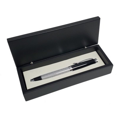 Silver Glass Fiber Finish Roller Ball Pen in Black Wooden Box