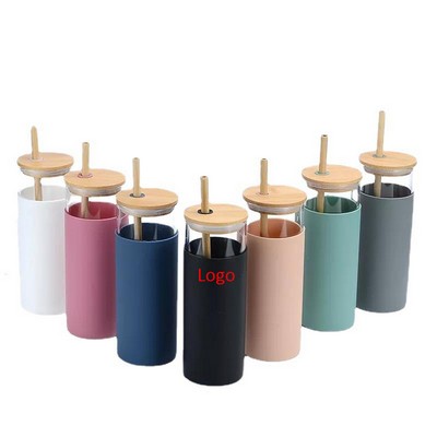 24oz Glass Tumbler with Silicone Sleeve and Bamboo Straw Lid